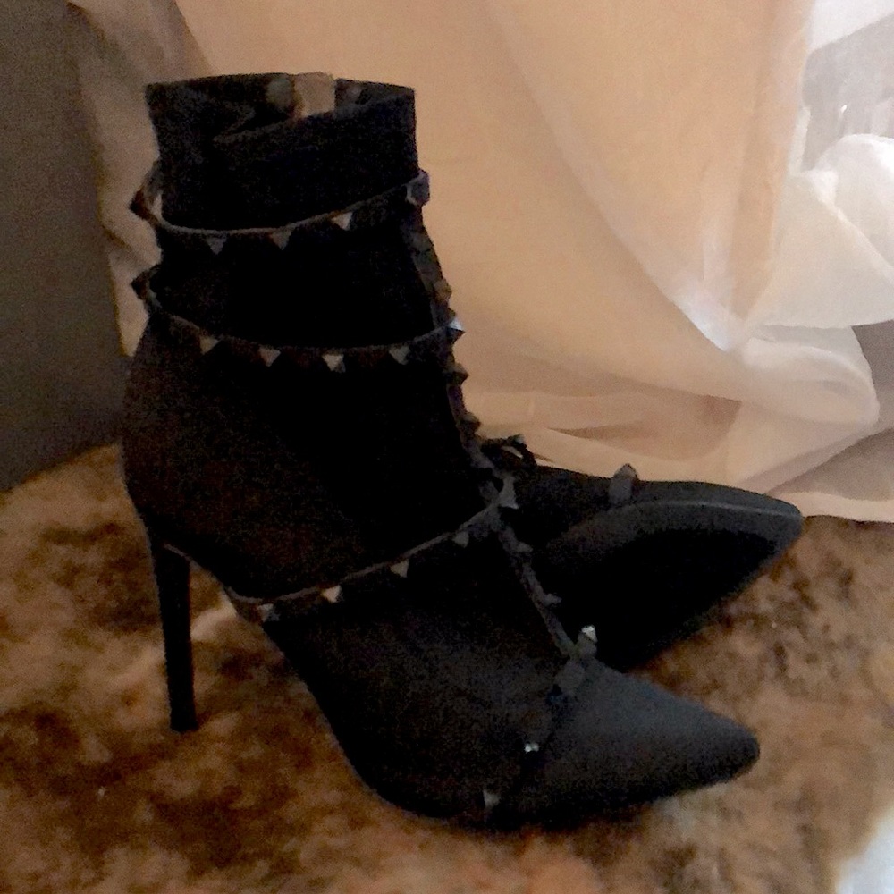 Black High Heel Sock Bootie w/ studs